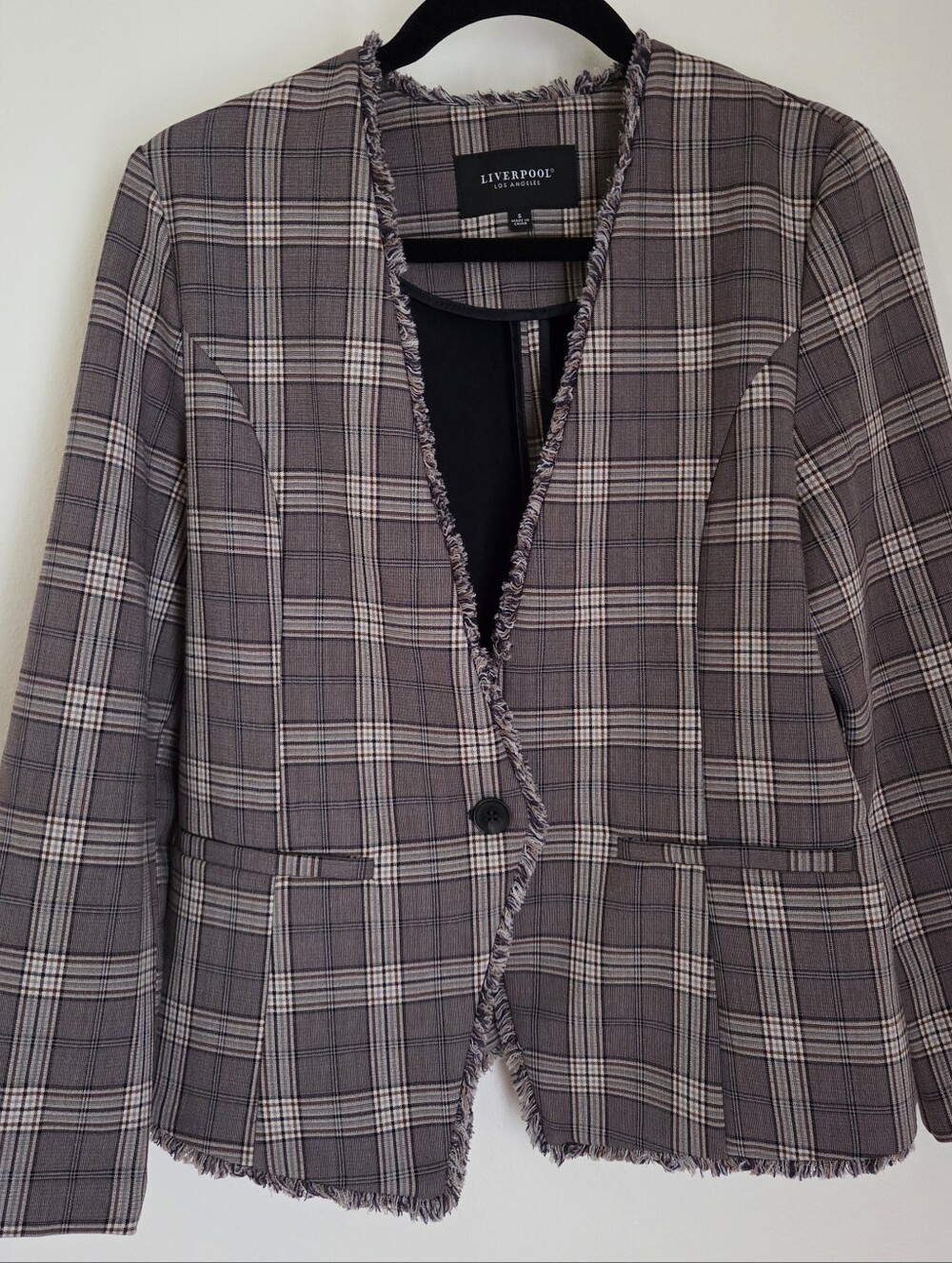 Liverpool Los Angeles Plaid Raw Edge Fringe Trim Blazer Dark Academia size S
